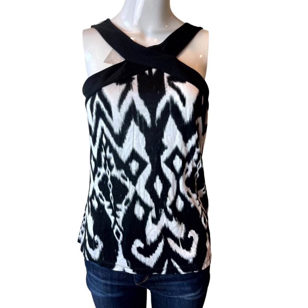 I-N-C International Concept Geometric Women Tank Top Grecian Neck Black White M